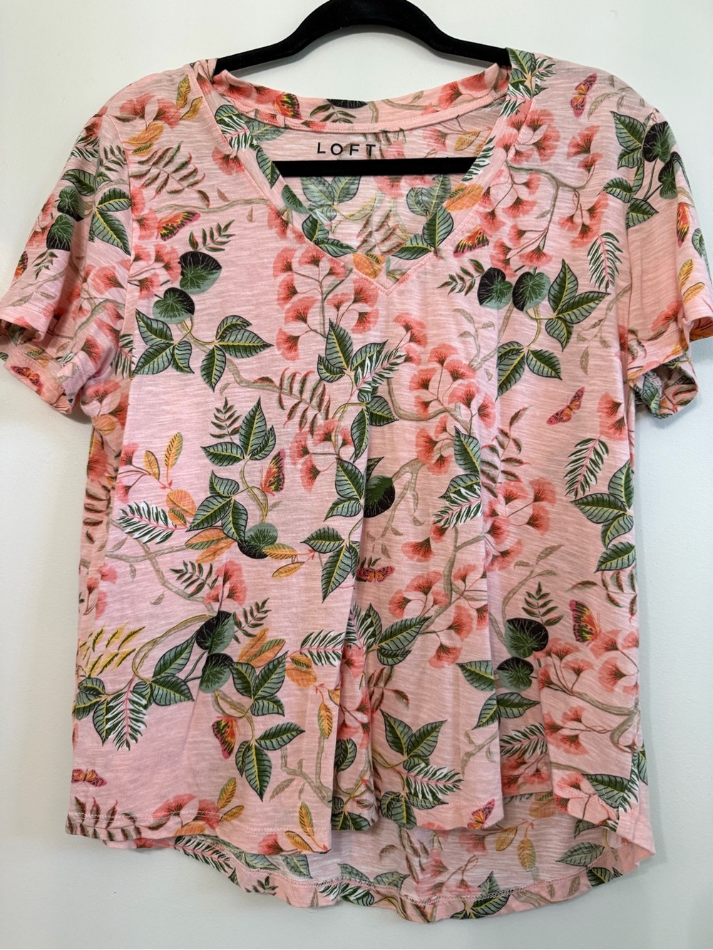 LOFT Pink Floral V-Neck Short Sleeve Tee with Green Leaf Print